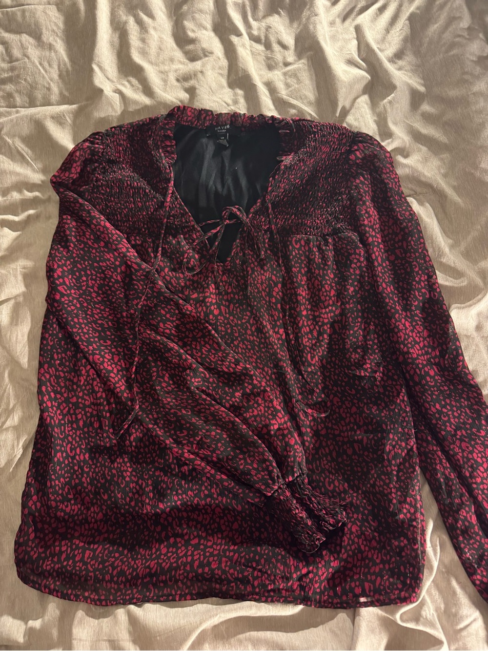 Have Burgundy and Black Printed Tie-Neck Blouse